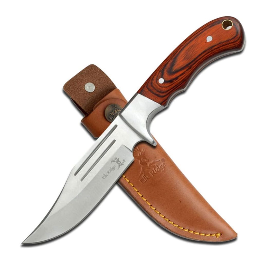 Elk Ridge - Outdoors Fixed Blade Knife - 9.5-in Overall, Mirror Finished Stainless Steel Blade, Full Tang, Wood Handle, Leather Sheath - Hunting, Camping, Survival - ER-052