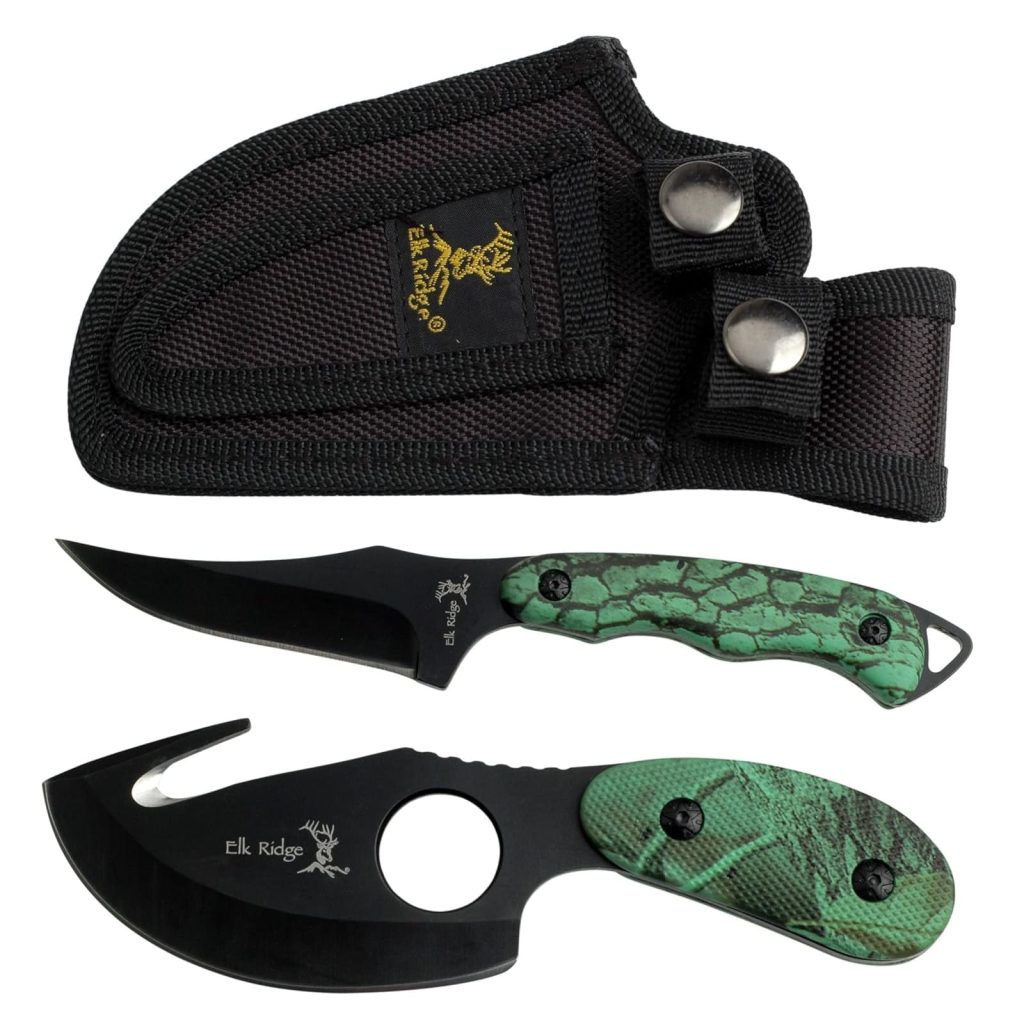 Elk Ridge-Outdoors 2-PC Fixed Blade Hunting Knife Set-Black Stainless Steel Skinner&Gut Hook Blades,Camo Coated Nylon Fiber Handles,Nylon Sheath-Hunting,Survival-ER-300CA,7-Inch/6.5-Inch Overall